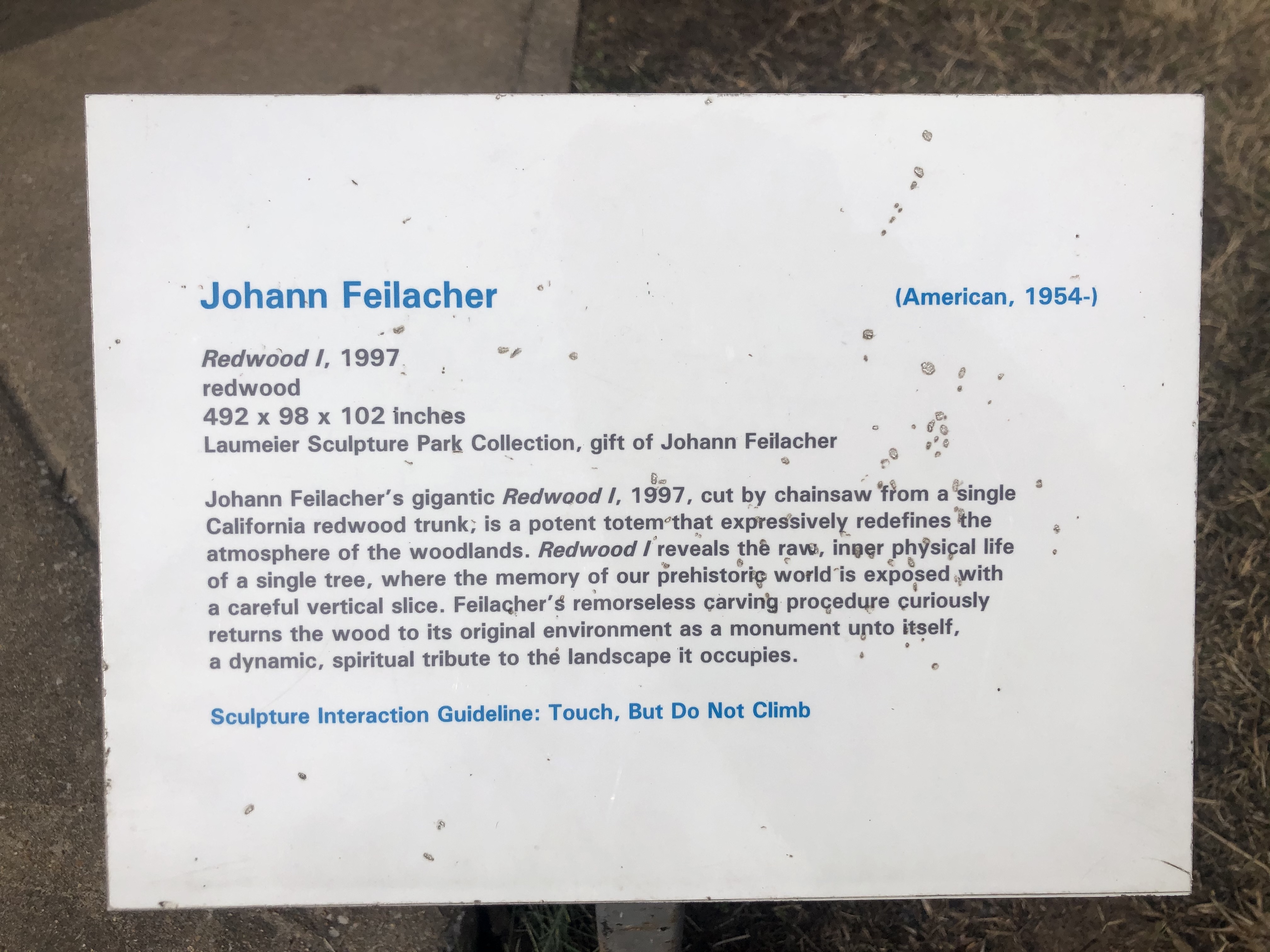 Plaque for Redwood I, Johann Feilacher. Photo by the author.