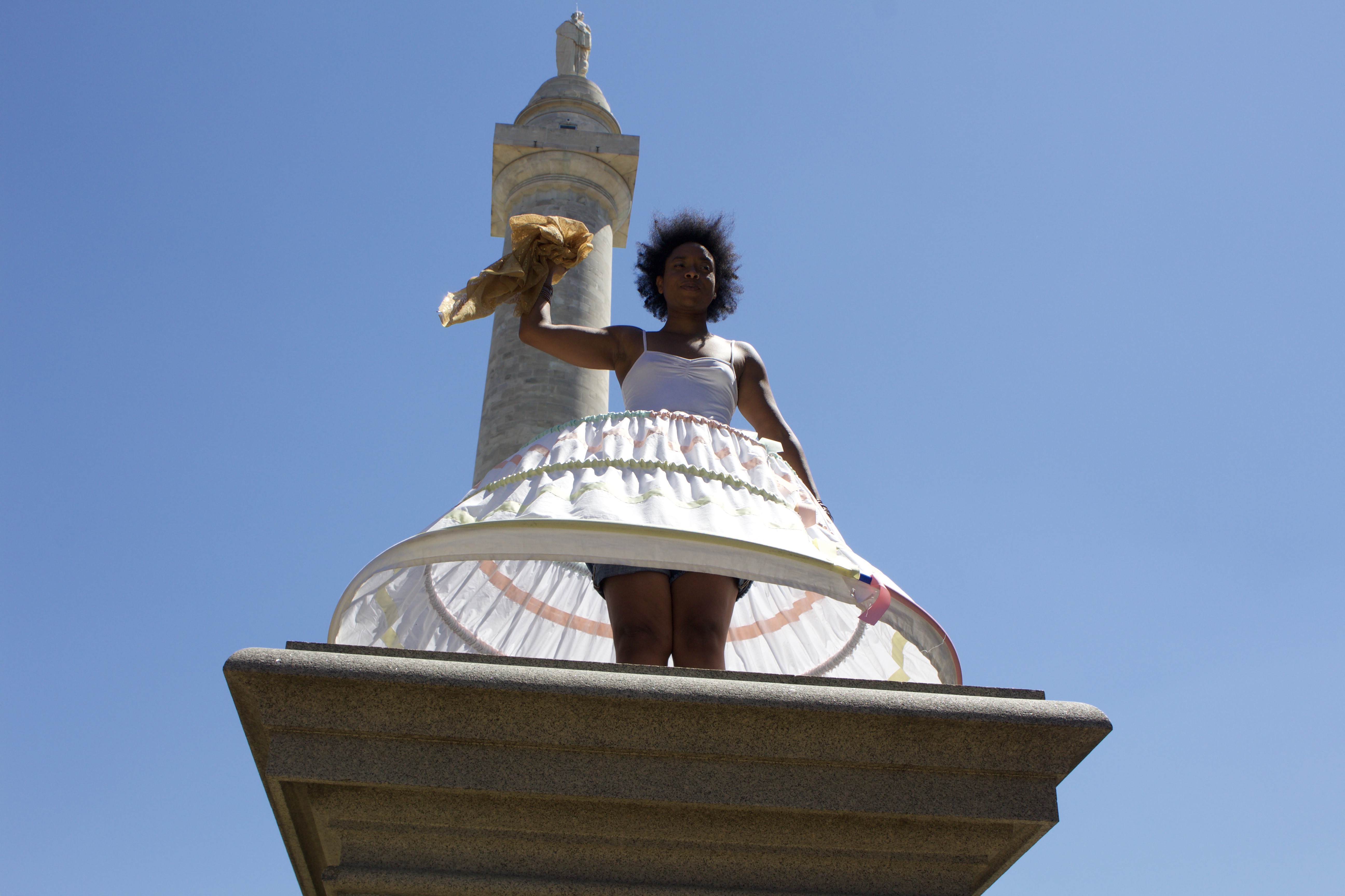 Ada Pinkston. Landmarked Part Iii Empty Pedestals. Emerging Time Space Movements In An Attempt To Reach Internal Liberation To Find Her New Remembermemory. When She Was Forgotten. Public Performance, July 2018 (photo By Chris Chapa. Courtes