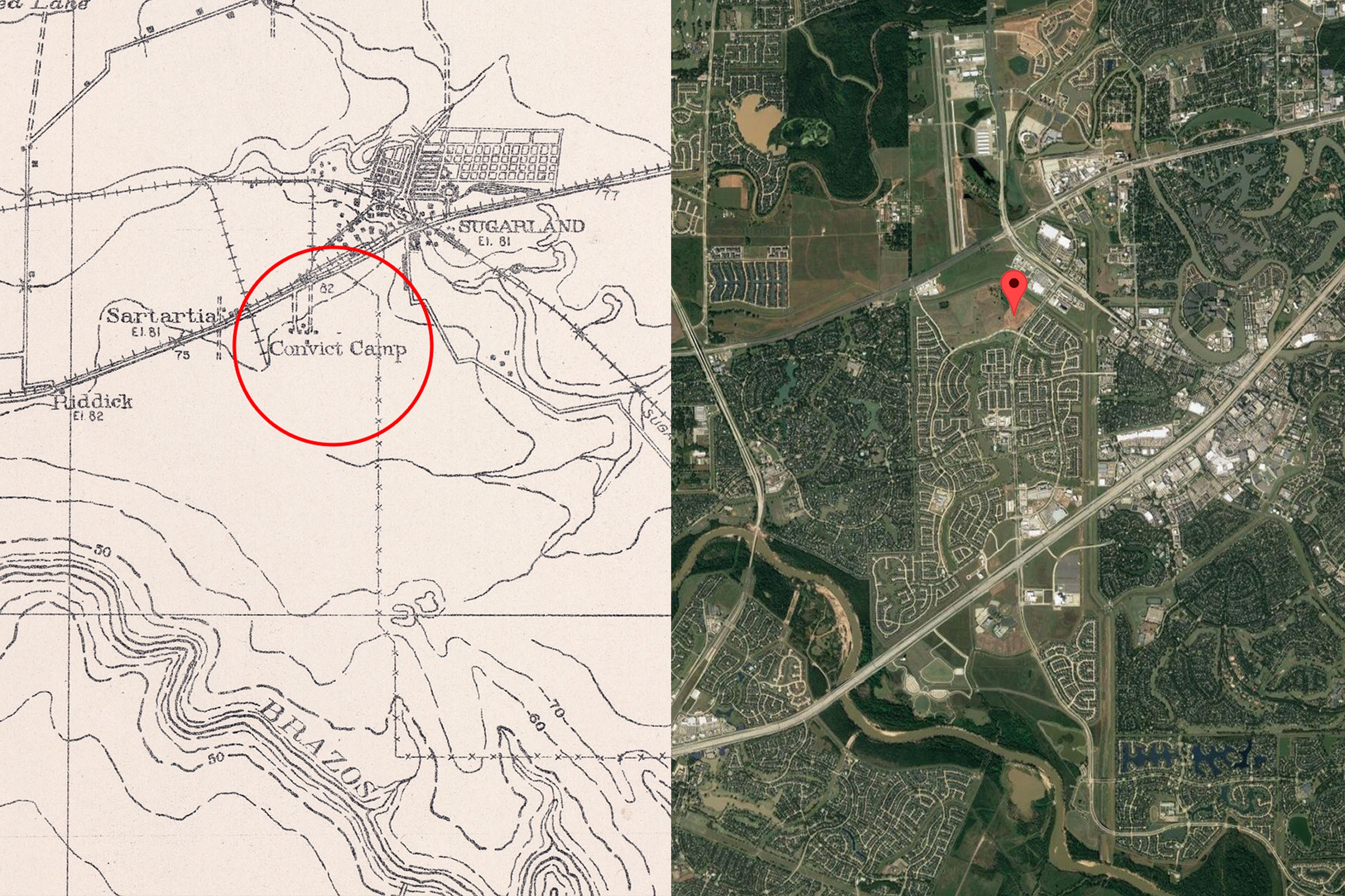Rapid development quickly erased the history and memory of Sugar Land, Texas. The site where the Sugar Land 95 were found aligns with the location of Ellis Camp No. 1 and later the Imperial State Prison Farm. (Left Sugar Land, 1915, USGS map, Center for American History, University of Texas / Right Google Map)
